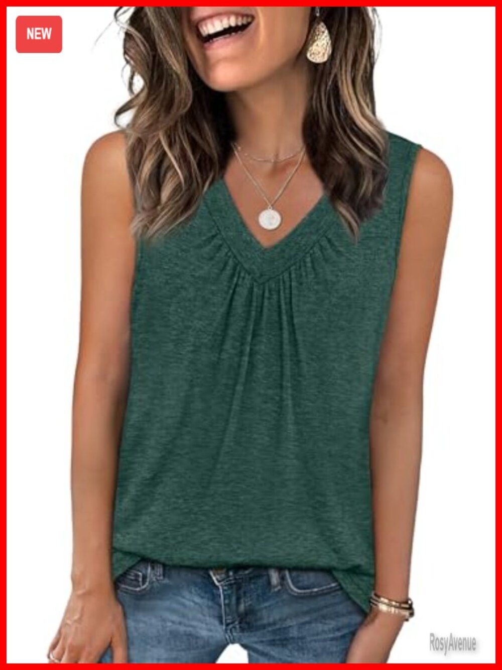 Women's Loose Fit V Neck Sleeveless Tank Top Pleated Curved Hem Summer